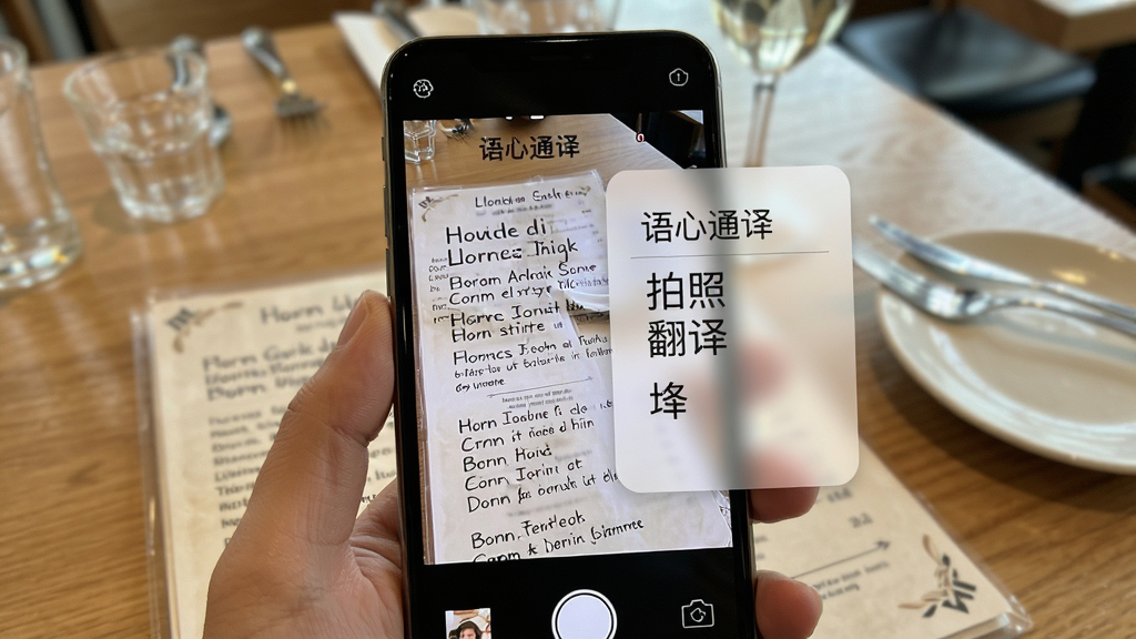语心通译拍照翻译功能展示,手机摄像头对准一份英文菜单,屏幕内显示识别出的英文原文与中文译文对照,界面采用半透明浮层设计,背景为餐厅桌面,风格写实,干净无多余元素,高清画质