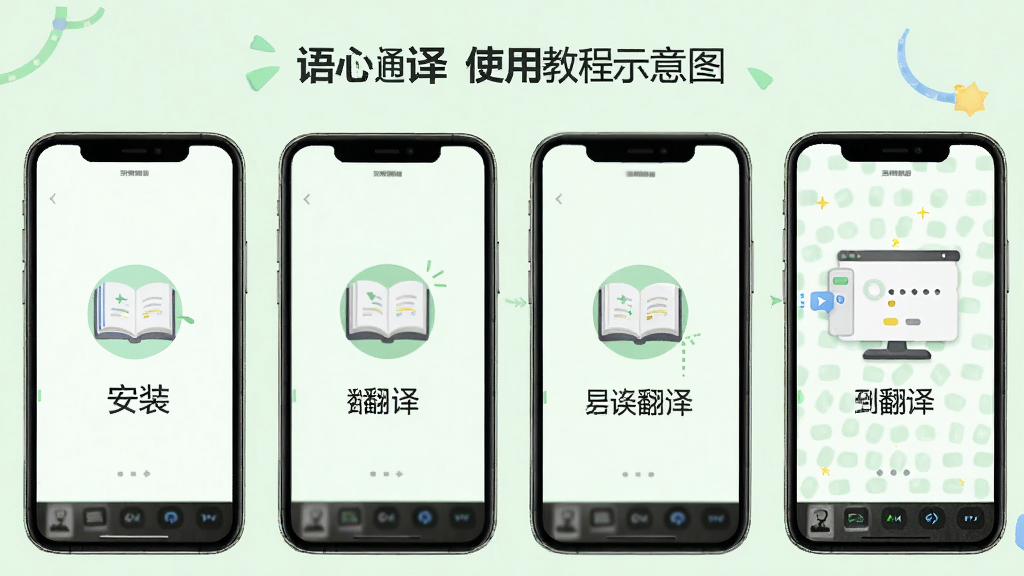 语心通译使用教程示意图,手机屏幕展示从安装到翻译的四个步骤,每个步骤配有小图标与简短文字说明,背景为浅绿色,风格清新浅色,干净无多余元素,高清画质