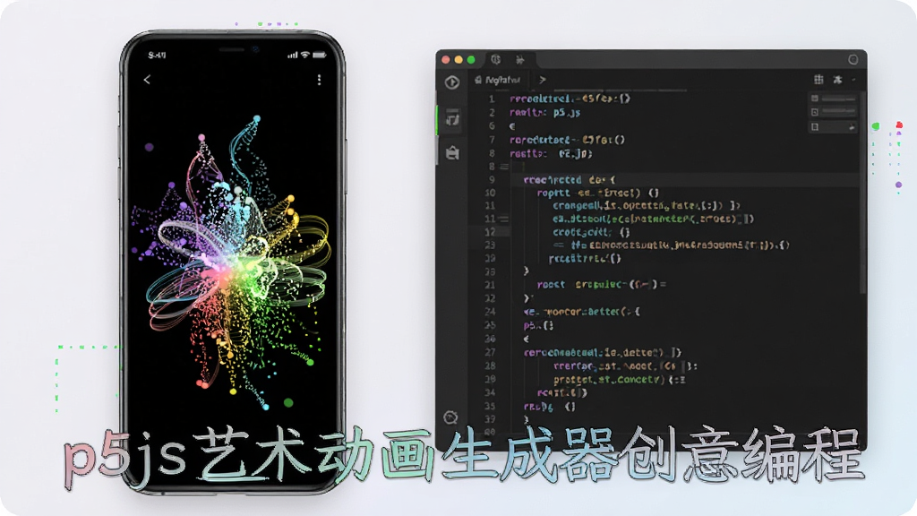 一张展示p5js艺术动画生成器创意编程即时渲染功能的图片,画面中手机屏幕显示彩色粒子动画,旁边有代码编辑器窗口,主体突出,布局左右分栏,风格现代科技感,细节包含粒子轨迹和渐变色彩,画质高清,干净无多余元素,图片中文字为