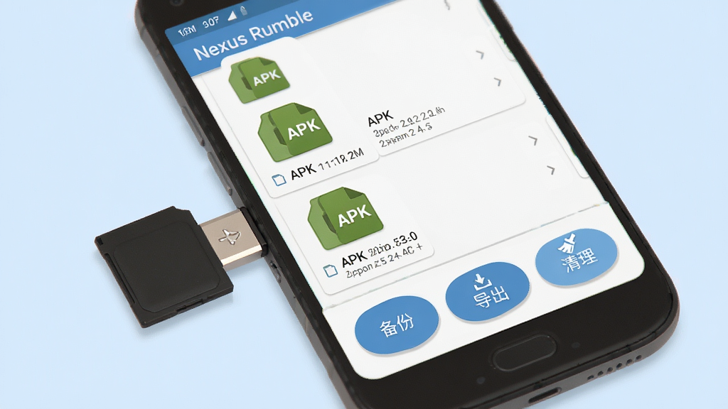 一幅展示Nexus Rumble安装器安装包管理功能的场景图,画面中一部安卓手机连接着外置存储卡,手机屏幕上显示文件管理列表,列表中有多个APK文件图标和对应的版本信息,屏幕下方有“备份”“导出”“清理”三个操作按钮,背景为淡蓝色,风格为扁平化设计,细节包括文件图标和按钮的圆角处理,画质干净清晰,无多余元素