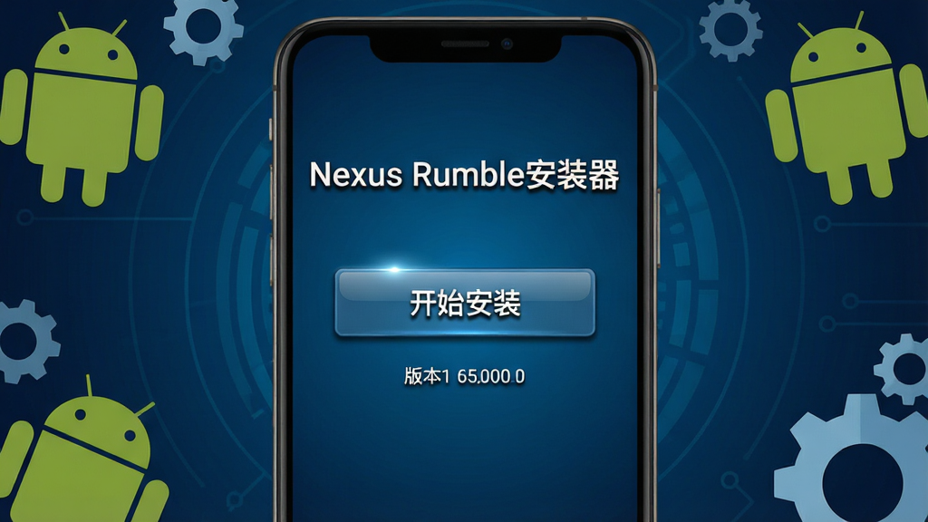 一张展示Nexus Rumble安装器主界面的手机截图风格图片,画面中央是手机屏幕,屏幕上显示Nexus Rumble安装器的欢迎页面,页面顶部有软件名称“Nexus Rumble安装器”字样,下方有“开始安装”按钮和版本信息,背景为深蓝色科技感渐变,周围环绕着安卓机器人和齿轮图标,整体布局简洁清晰,风格为扁平化UI设计,细节包括按钮的高光效果和文字阴影,画质清晰干净,无多余元素