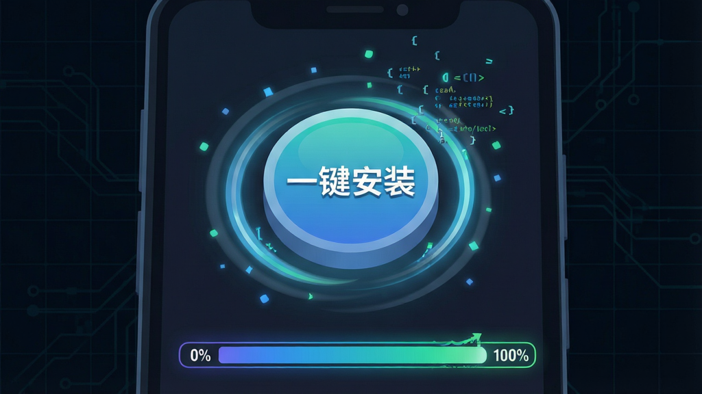 一幅展示Nexus Rumble安装器一键安装功能的插画,画面主体是一部安卓手机,手机屏幕中央有一个醒目的圆形按钮,按钮上写着“一键安装”,按钮周围有旋转的光环和飞散的代码粒子,手机下方有进度条从0%到100%的动画示意,背景为深色科技网格,风格为扁平化矢量插画,细节包括按钮的立体感和进度条的渐变光效,画质干净清晰,无多余元素