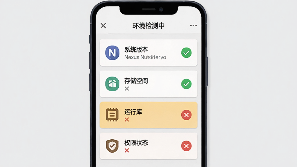 一张展示Nexus Rumble安装器环境检测界面的示意图,画面中央是手机屏幕,屏幕上显示检测列表,包括“系统版本”“存储空间”“运行库”“权限状态”四个项目,每个项目后面有绿色对勾或红色叉号标记,屏幕上方有“环境检测中”的标题,背景为浅灰色,风格为简洁的卡片式UI设计,细节包括列表项的图标和颜色区分,画质清晰干净,无多余元素