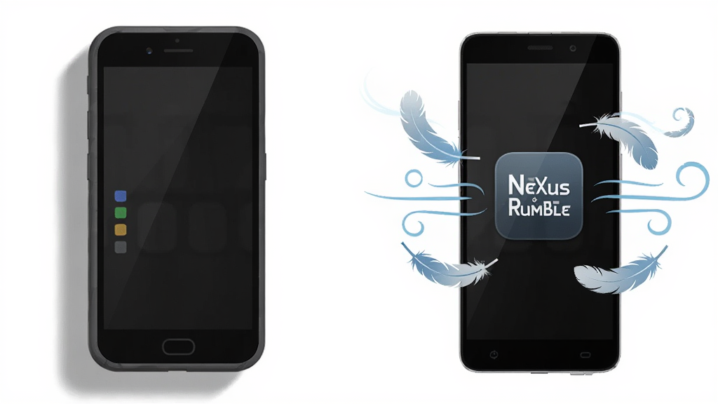 一张展示Nexus Rumble安装器轻量化特性的对比图,画面左侧是一部厚重的手机模型,右侧是一部轻薄的手机模型,右侧手机屏幕上显示Nexus Rumble安装器图标,图标周围有羽毛和微风线条,象征轻量运行,背景为白色,风格为极简矢量插画,细节包括手机模型的阴影和羽毛的飘动感,画质干净清晰,无多余元素