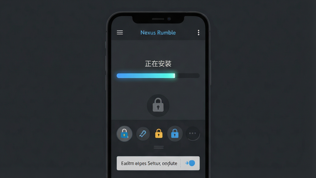 一张展示Nexus Rumble安装器在手机上安装过程的示意图,画面中央是手机屏幕,屏幕上显示安装进度条和“正在安装”字样,屏幕下方有权限设置图标和存储路径选择框,背景为深灰色,风格为扁平化UI设计,细节包括进度条的光效和权限图标的锁形标识,画质清晰干净,无多余元素