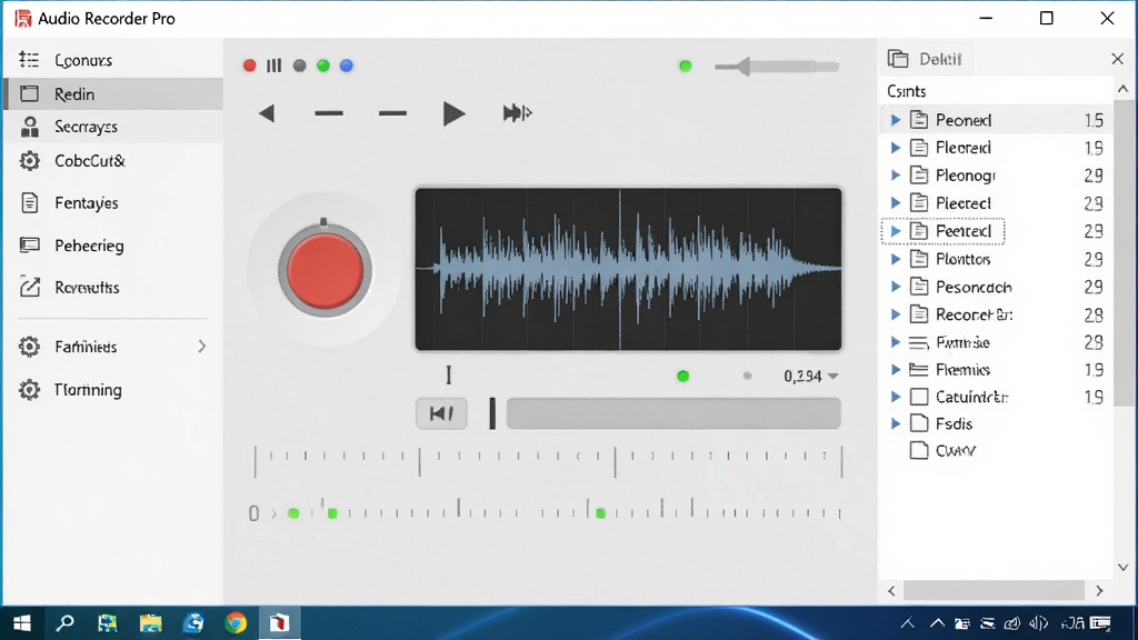 һ��չʾ Audio Recorder Pro �����������ͼƬ�����������Ǽ���¼��������壬���к�ɫԲ��¼����ť�Ͳ�����ʾ�������Ϊ���ܵ��������Ҳ�Ϊ�ļ��б������岼��Ϊ���͵�Windows����Ӧ�ô��ڣ����Ϊ�ִ���Լ�Ƽ��磬ϸ�ڰ����߱�����Ƶ���Ρ�ʱ����̶Ⱥ�״ָ̬ʾ�ƣ���������������ɾ����޶���Ԫ��