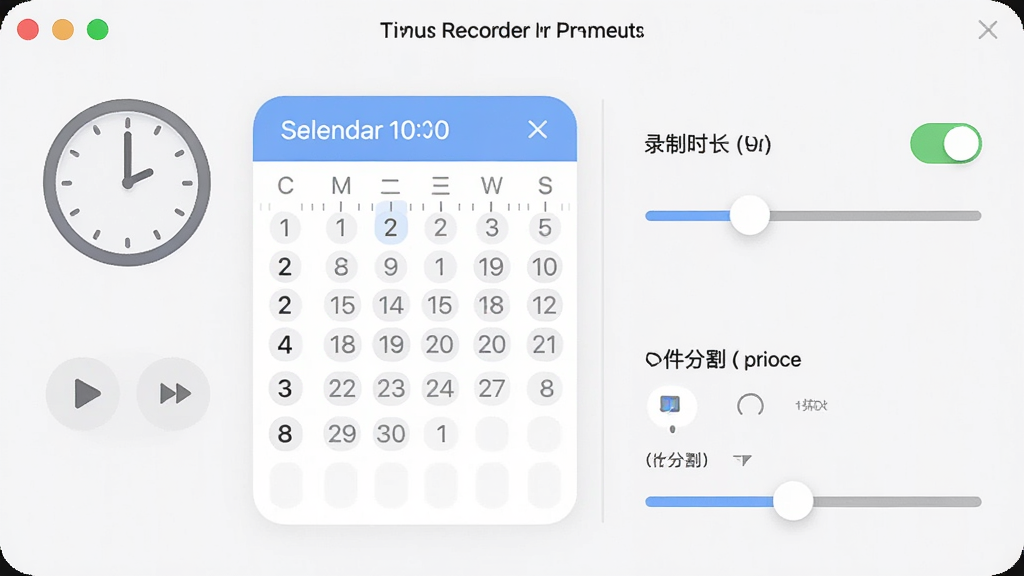 һ��չʾ Audio Recorder Pro ��ʱ¼�ƹ��ܵĽ����ͼ����������һ��ʱ��ͼ����������壬�Ա���ʾ¼��ʱ�����û�����ļ��ָ�ѡ�����Ϊ���ҷ����ṹ�����Ϊ���Բ����ƣ�ϸ�ڰ���ʱ��̶ȡ����ذ�ť�ͽ���������������������ɾ����޶���Ԫ��
