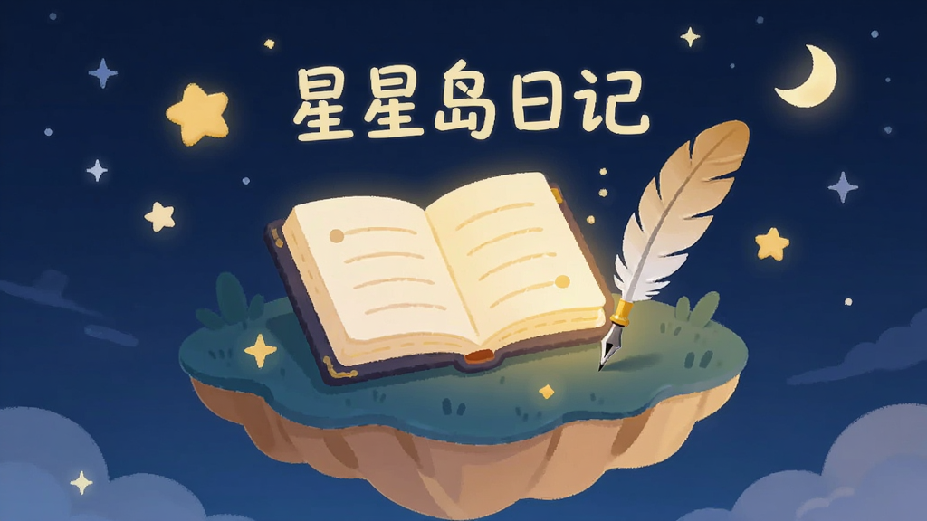 一座漂浮在星空下的小岛,岛上有一本发光的日记本和一支羽毛笔,周围点缀着星星和月亮,整体色调为深蓝与暖黄交织,画面中央有