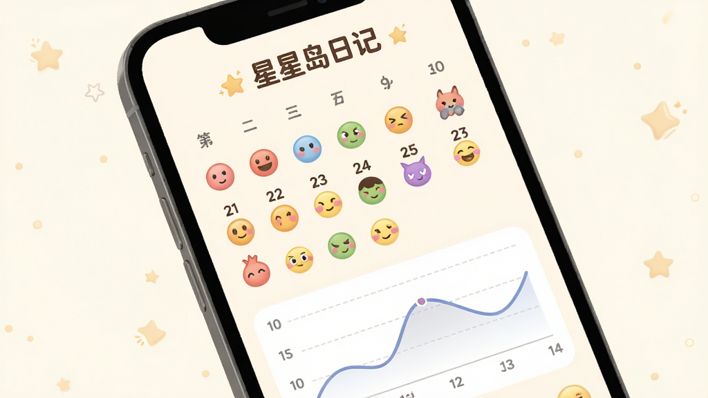 手机屏幕展示心情日历统计页面,不同日期用不同颜色的心情表情标记,页面顶部有