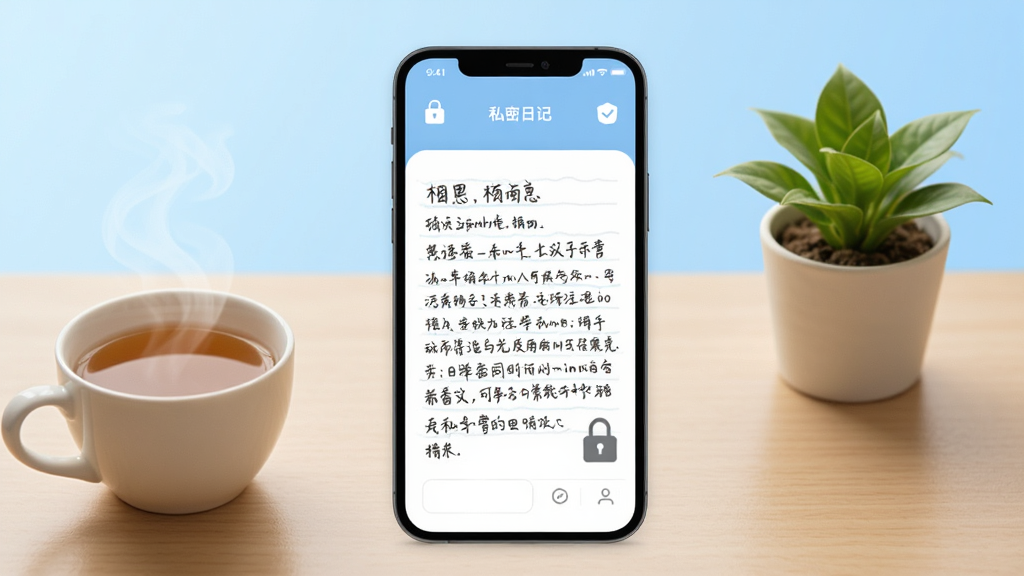 清新风格的手机日记应用界面,屏幕中显示一篇写满文字的日记,旁边有锁形图标和