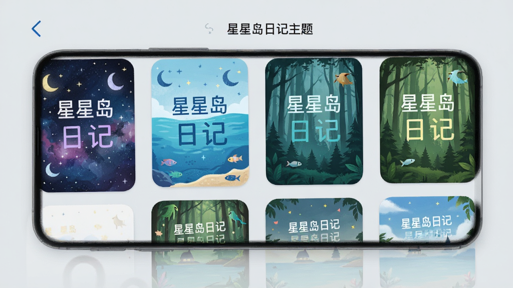 手机展示星星岛日记的主题切换界面,屏幕上排列着多款不同配色的主题卡片,有星空、海洋、森林等风格,卡片上写着