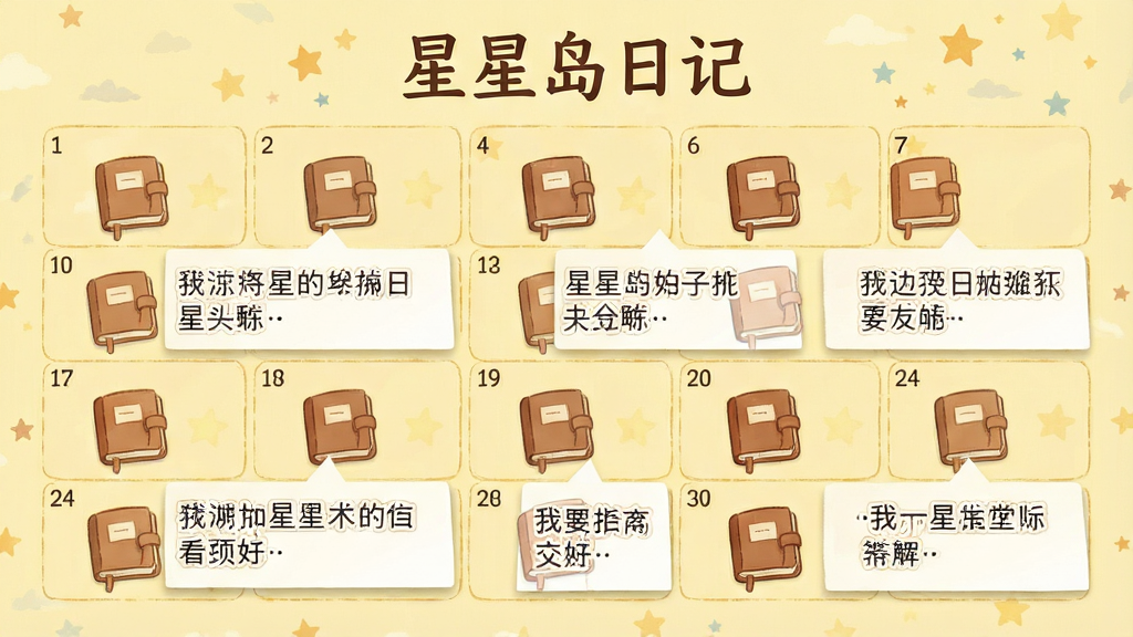 日历风格的界面,每个日期格子中有一本小日记本图标,点击后展开一段文字,页面顶部有