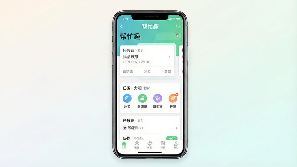 一张展示“帮忙趣”手机应用主界面的预览图,画面中央是一部竖屏智能手机,屏幕内显示帮忙趣APP的首页,顶部有“帮忙趣”字样,页面布局包含任务卡片、分类图标与底部导航栏,背景为浅色渐变,风格简洁明快,细节清晰,画质干净,无多余元素