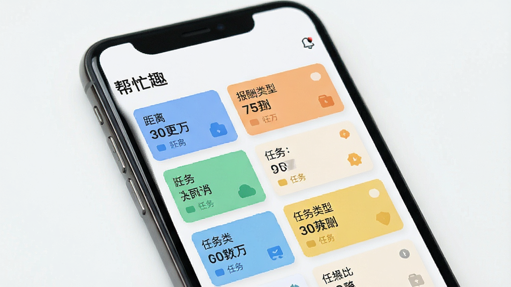 一张展示“帮忙趣”任务大厅界面的预览图,画面为手机屏幕特写,屏幕内显示多条任务卡片列表,卡片上标注距离、报酬与任务类型,背景干净,风格现代,画质清晰,无多余元素