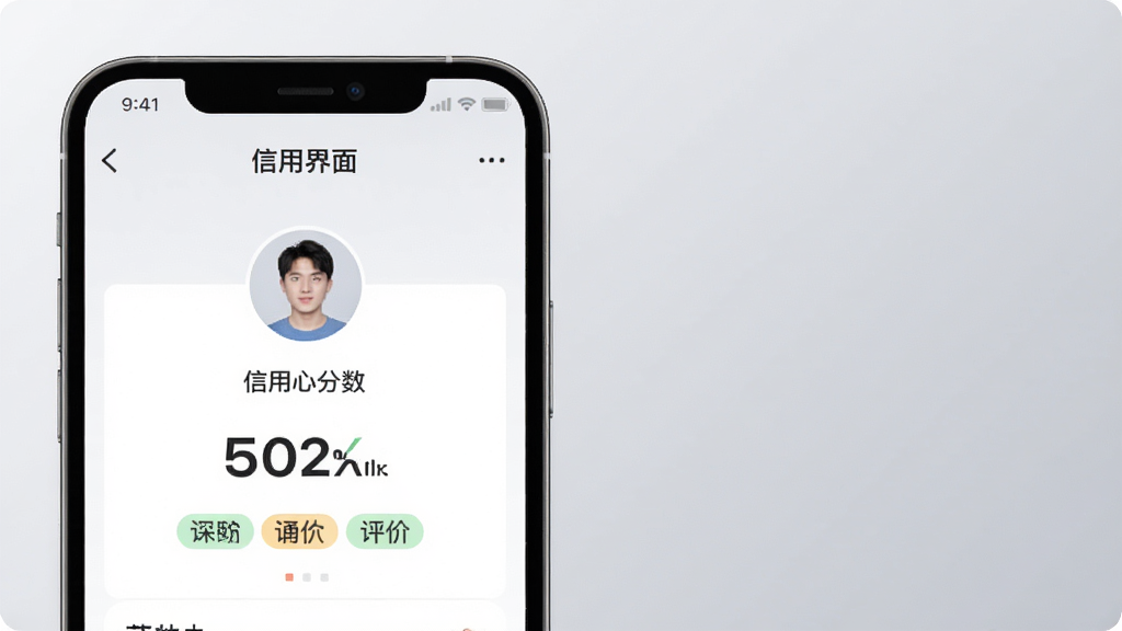 一张展示“帮忙趣”个人中心与信用分界面的预览图,画面为手机屏幕,屏幕内显示用户头像、信用分数值与评价标签,背景为浅灰渐变,风格简约,画质清晰,无多余元素