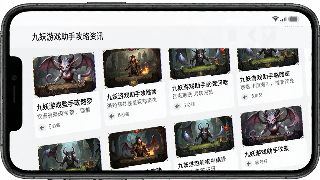 一张展示九妖游戏助手攻略资讯页面的手机截图,画面中排列着多篇游戏攻略文章标题和缩略图,整体排版整齐,配色以浅色为主,风格简洁,画质清晰,无多余元素