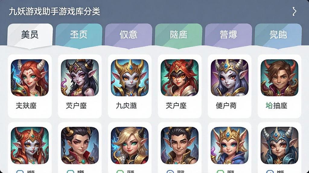 一张展示九妖游戏助手游戏库分类页面的手机截图,画面中游戏图标按类别整齐排列,顶部有分类标签栏,整体采用卡片式布局,配色清爽,画质清晰,无多余元素