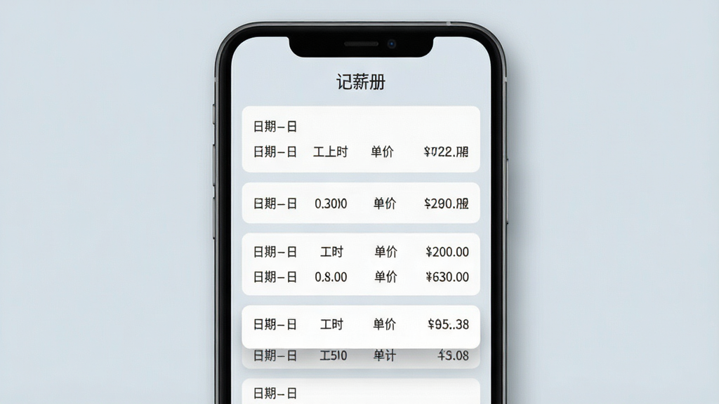 一张手机屏幕正面展示图,画面中央是“记薪册”应用主界面,背景为浅灰蓝色,主体是一个简洁的工资记录列表,包含日期、工时、单价和合计金额,布局为竖向排列的卡片式设计,风格为扁平化商务简约风,细节上屏幕边缘有轻微阴影,画质清晰,干净,无多余元素