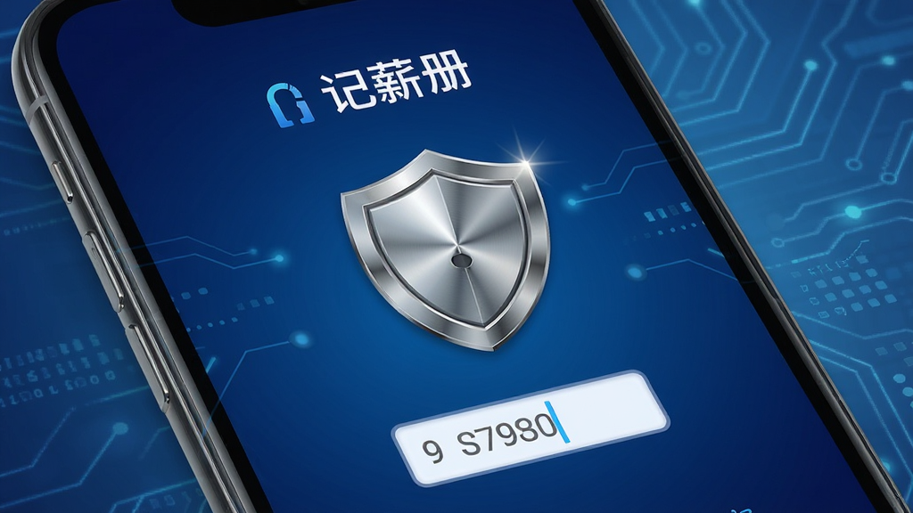 一张安全锁概念图,画面主体是一部手机屏幕显示“记薪册”的解锁界面,布局为屏幕中央有一个盾牌图标和密码输入框,背景为深蓝色渐变,风格为科技安全风,细节上盾牌有金属质感反光,画质清晰,干净,无多余元素