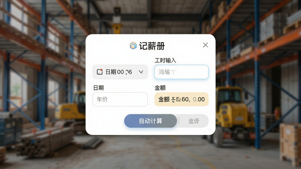 一张手机应用界面截图风格图,画面主体是“记薪册”的快速记工弹窗,布局为居中悬浮卡片,卡片内包含日期选择、工时输入框、单价输入框和自动计算出的金额,背景为虚化的工地或仓库场景,风格为现代扁平化,细节上按钮有圆角和高亮色,画质清晰,干净,无多余元素