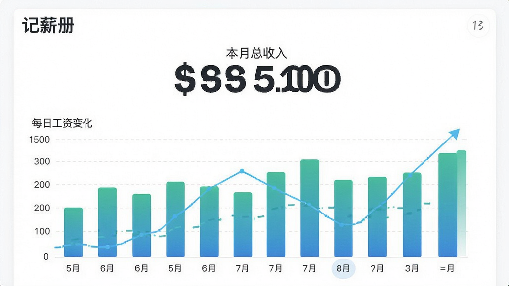 一张数据统计图表展示图,画面主体是“记薪册”的月度汇总页面,布局为上方大数字显示本月总收入,下方为柱状图展示每日工资变化,背景为白色,风格为清新数据可视化风,细节上柱状图颜色为渐变蓝绿色,画质清晰,干净,无多余元素