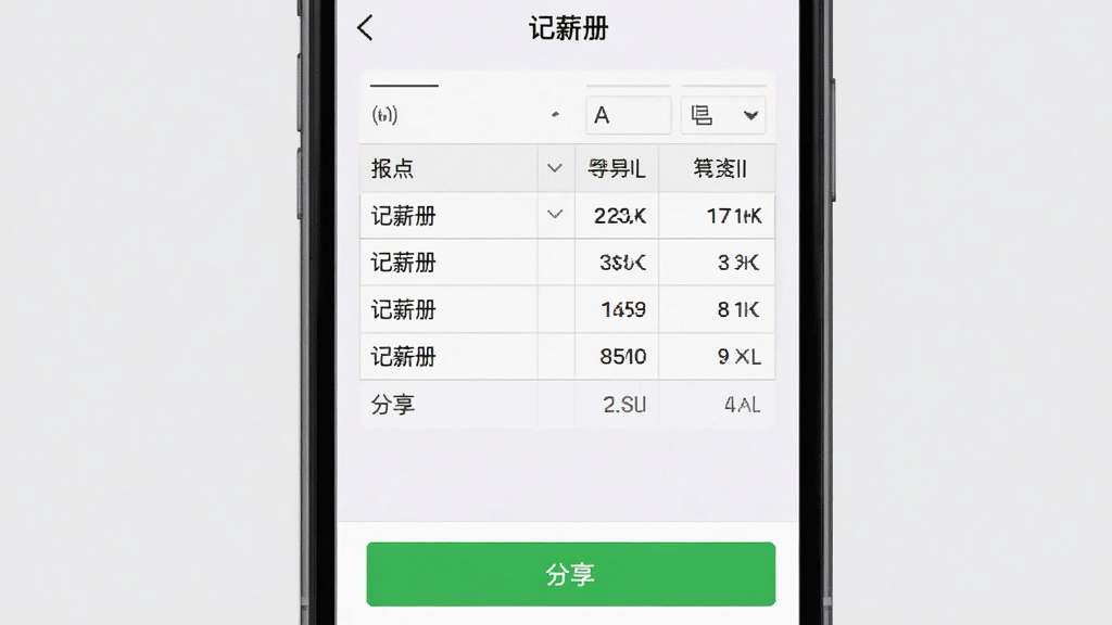 一张手机分享界面图,画面主体是“记薪册”的导出预览页面,布局为上方显示表格数据,下方有分享按钮,背景为浅灰色,风格为实用工具风,细节上表格线条清晰,分享按钮为绿色,画质清晰,干净,无多余元素