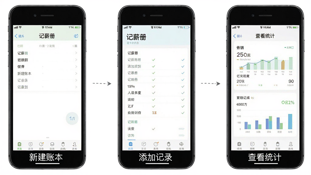 一张手机操作流程图,画面主体是“记薪册”从新建账本到添加记录再到查看统计的连续三屏界面,布局为横向排列的三部手机,风格为教程演示风,细节上每部手机下方有简短文字说明,画质清晰,干净,无多余元素