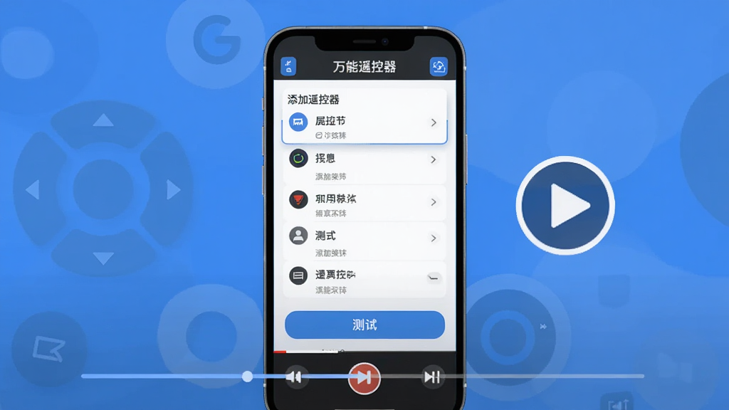 万能遥控器一键馆操作视频教程的封面图,画面中央是手机屏幕录制界面,显示添加遥控器的步骤,旁边有播放按钮和进度条,布局以视频播放器为主体,排版居中,风格为现代扁平化设计,细节包括手机界面上的品牌列表和测试按钮,画质清晰,干净,无多余元素。