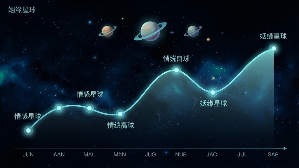 一张横向的折线走势图界面,背景是深色星空,折线以柔和的青色发光线条呈现,曲线上有若干个发光节点,每个节点旁标注着简短的情感提示文字,图表下方有月份时间轴,图表上方悬浮着姻缘星球的小型星球图标,整体布局简洁大气,风格科技感与神秘感并存,细节上折线有渐变发光效果,节点有呼吸灯般的闪烁,画质清晰锐利,无多余元素,图片中文字为“姻缘星球”。