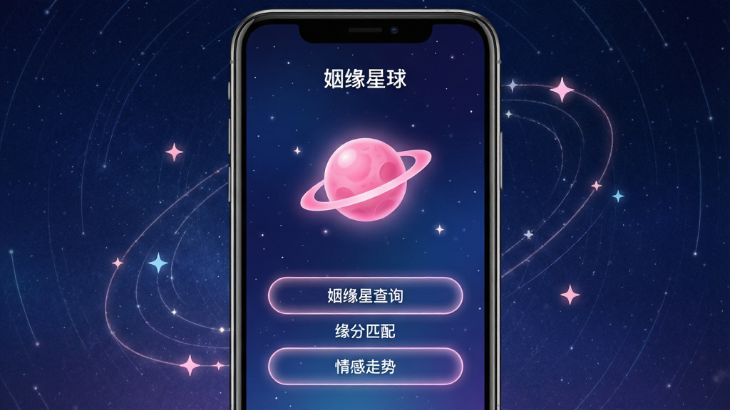 画面中央放置一部智能手机,手机屏幕显示姻缘星球应用主界面,界面以深蓝渐变星空为背景,中央有一个发光的粉色星球图标,下方排列着姻缘星查询、缘分匹配、情感走势三个功能按钮,手机周围环绕着淡淡的星轨线条和闪烁的小星星,整体布局居中对称,风格偏向神秘浪漫的科技感,细节上星空背景有细微的颗粒质感,按钮带有柔和的发光边缘,画质清晰干净,无多余元素,1080P高清,图片中文字为“姻缘星球”。