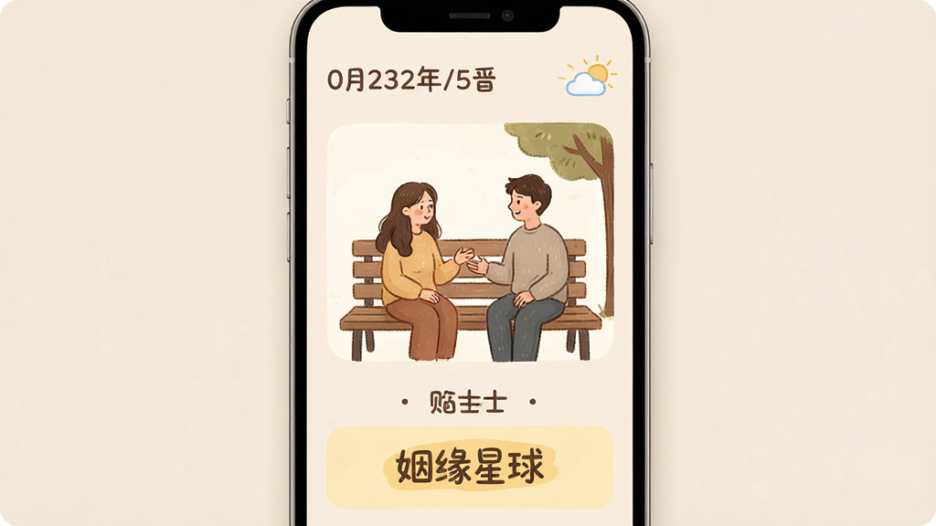 一部手机竖屏显示姻缘星球每日情感贴士界面,界面上方是日期和天气小图标,中间是一张温馨的插画,画中两个人坐在长椅上交谈,下方是贴士文字区域,文字用圆润的字体展示,背景是浅米色,整体布局上下结构清晰,风格温暖治愈,细节上插画有手绘质感,文字区域有淡黄色底纹,画质柔和干净,无多余元素,图片中文字为“姻缘星球”。