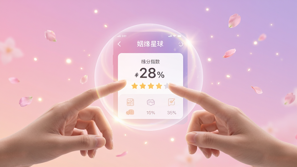 画面中两只手从左右两侧伸出,指尖即将触碰,中间悬浮着一个半透明的圆形光球,光球内部显示着姻缘星球应用中的缘分匹配指数界面,指数以百分数和星级形式展示,背景是柔和的粉紫色渐变,周围散落着细小的光点和花瓣,布局上双手和光球构成三角构图,风格浪漫温馨,细节上光球有轻微的光晕扩散效果,画质干净明亮,无多余元素,图片中文字为“姻缘星球”。