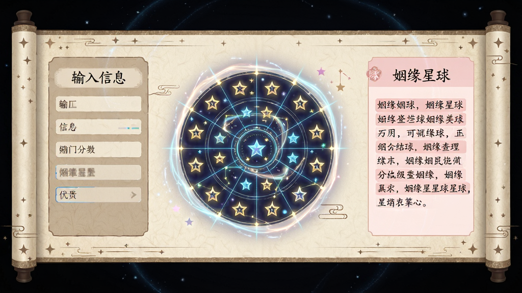 一张横向展开的卷轴式界面图,卷轴从左到右依次展示姻缘星查询结果,左侧是输入信息区域,中间是发光的星盘图案,星盘上标注着不同数量的姻缘星,右侧是文字解读面板,背景是淡雅的米白色宣纸质感,卷轴边缘有细小的星纹装饰,风格偏向古风与科技融合,细节上星盘有微光流动效果,文字面板用淡粉色底纹突出,画质细腻干净,无多余元素,图片中文字为“姻缘星球”。