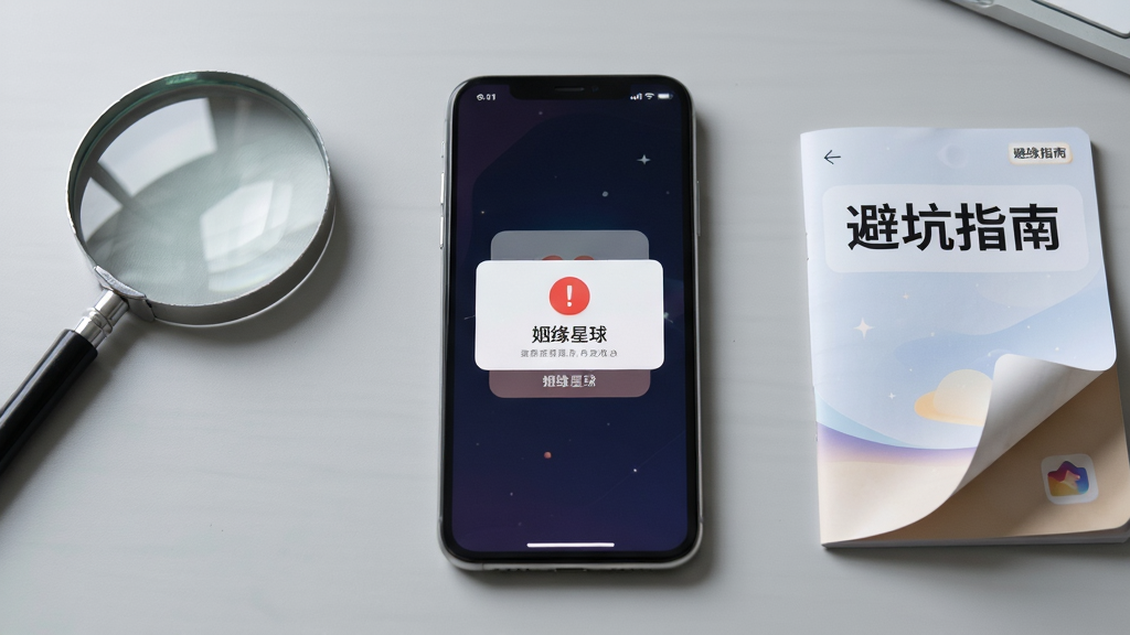 一部手机放在桌面上,屏幕显示姻缘星球应用出现闪退错误提示弹窗,手机旁边放着一个放大镜和一本小册子,小册子封面上写着“避坑指南”,背景是浅灰色桌面,布局上手机居中,放大镜和小册子分列两侧,风格简洁实用,细节上弹窗有红色感叹号图标,小册子有折角设计,画质清晰干净,无多余元素,图片中文字为“姻缘星球”。