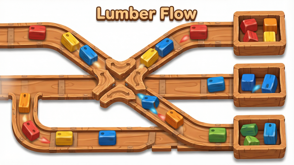 һ��չʾ Lumber Flow ��Ϸ�����淨�Ĳ廭�������ж���ľ�ʹ�������ݺᣬ�������ɫľ��ֱ����Ÿ��Թ��������������洦���з����ڵ㣬�����Ҳ���������Ӧ��ɫ��ľ���������ڽ���ľ�飬���ֲ��öԳ�ʽ��ͼ������Ϊ������ɫľ�飬���Ϊľ���������ƽ����ϣ�ϸ�ڰ���ľ�ơ�Բ�Ƿ��顢�����Ӱ�������д���