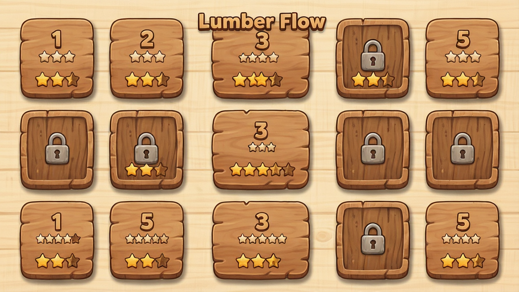 һ�� Lumber Flow �ؿ�ѡ�����Ĳ廭�������������Ŷ��ľ���ʸеĹؿ���Ƭ����Ƭ�ϱ�ע�Źؿ�������Ǽ����ۣ����ֿ�Ƭ��ʾ������ľ��ͼ����������ǳɫľ��ǽ�棬���ֲ����������У�����Ϊ�ؿ���Ƭ�����Ϊ����ľ�ʷ磬ϸ�ڰ���ľ�ƿ�Ƭ��Բ�Ǳ߿������Ӱ�������д���