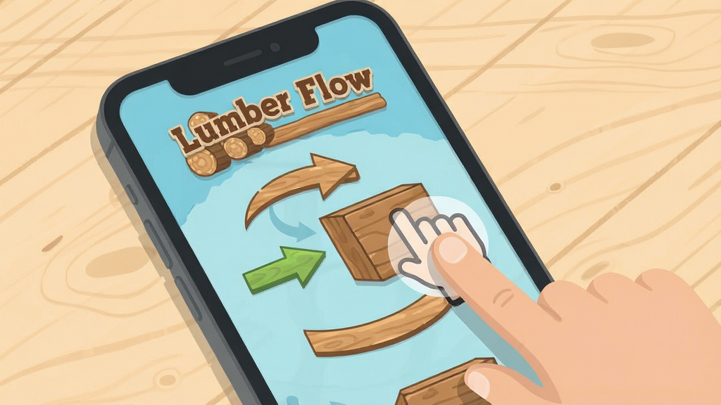 һ�� Lumber Flow ���ֲ��������廭��������һ���ֻ���Ļ��ʾ��Ϸ�ؿ����棬����������ָ���ľ���ʾ�⶯�����Ա��м�ͷ��ע�������򣬱�����ǳɫľ�����棬���ֲ����ֻ���д�ӽǣ�����Ϊ��Ϸ��������ָ���������Ϊ��ƽ����ѧ�廭��ϸ�ڰ�����ָͼ�ꡢ��ͷ��ע��ľ���ʸУ������д���