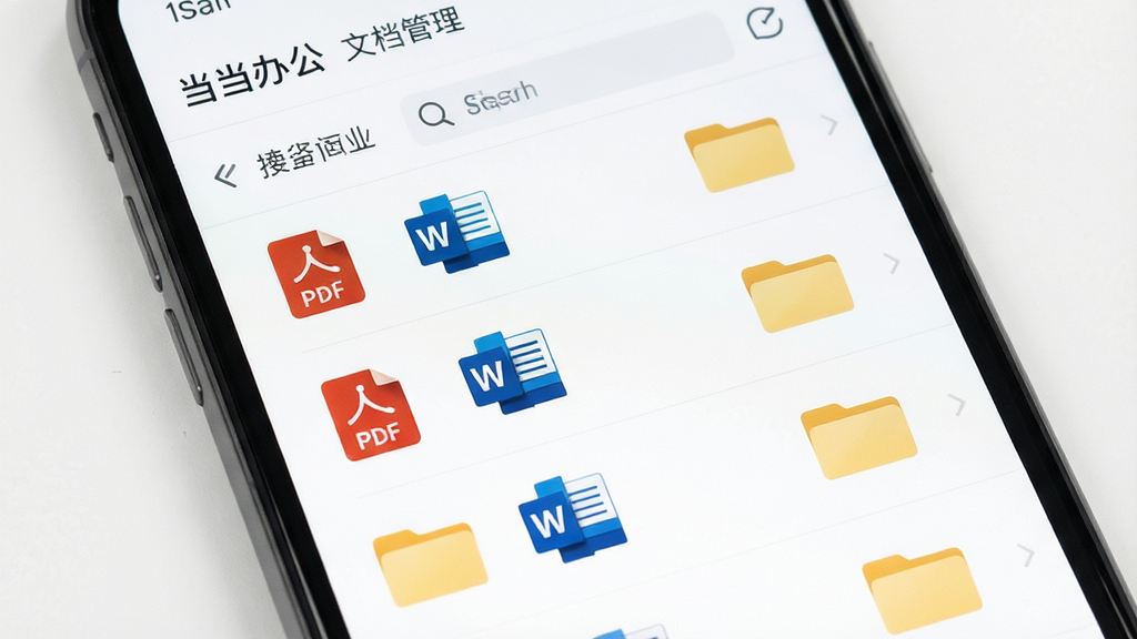 手机屏幕展示当当办公的文档管理界面,主体为文件列表与文件夹图标,布局为纵向排列,排版清晰,风格为简约商务风,细节包含PDF、Word等格式图标与搜索框,画质清晰,干净,无多余元素