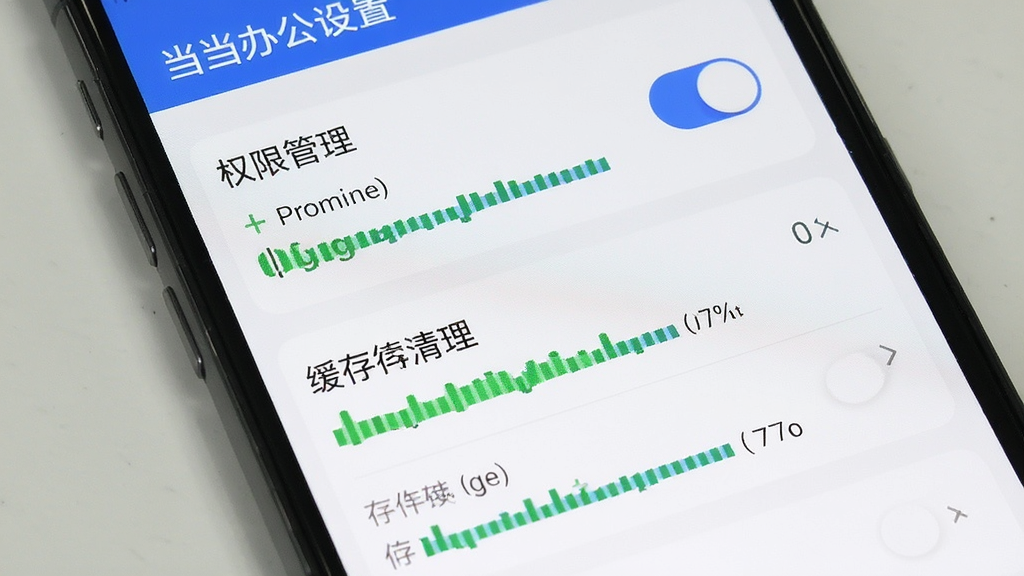 手机屏幕展示当当办公的设置界面,主体为权限管理与缓存清理选项,布局为纵向列表,排版清晰,风格为简约实用风,细节包含开关按钮与存储条,画质清晰,干净,无多余元素