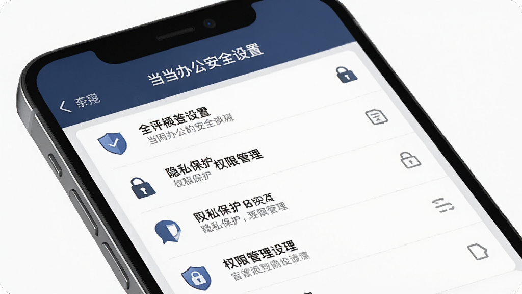 手机屏幕展示当当办公的安全设置页面,主体为隐私保护与权限管理界面,布局为列表式,排版规范,风格为沉稳商务风,细节包含盾牌图标与加密标识,画质清晰,干净,无多余元素