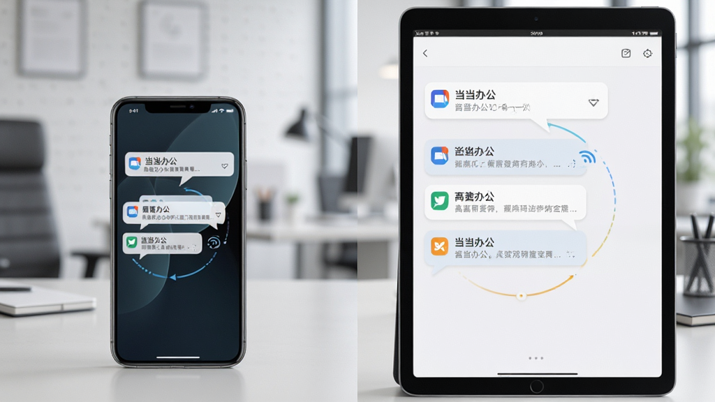 一部手机与一台平板并排摆放,屏幕均显示当当办公的消息通知界面,主体为多端同步场景,布局为左右对比,排版工整,风格为现代办公风,细节包含消息气泡与同步图标,画质高清,干净,无多余元素
