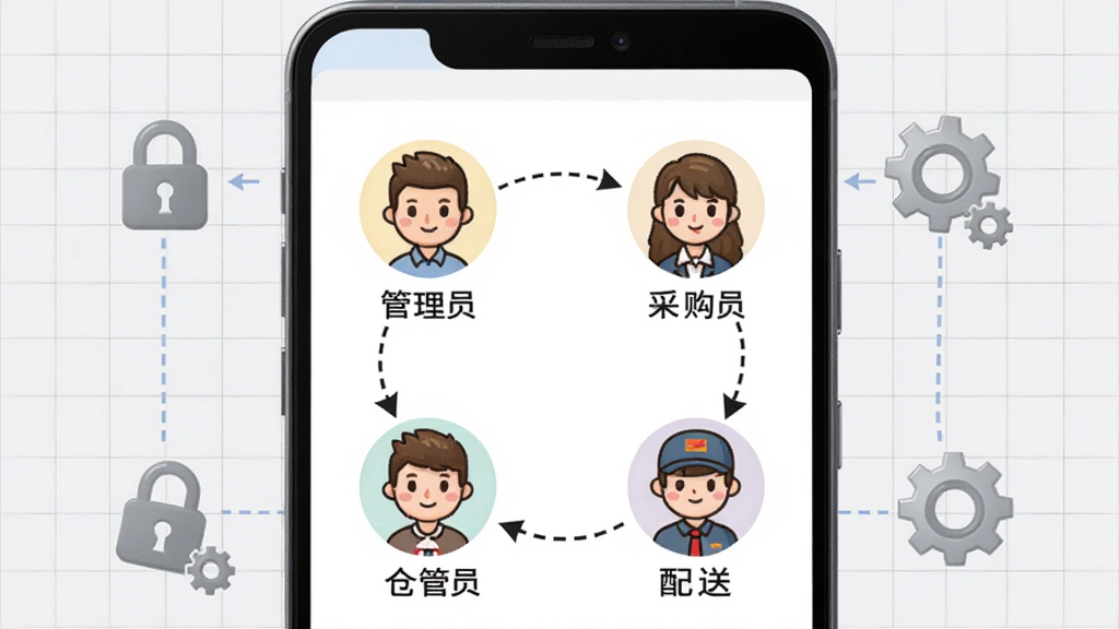 晨兔供应链多角色协同管理功能示意图,画面中央是一部安卓手机,屏幕内显示四个卡通人物头像分别标注管理员、采购员、仓管员、配送员,人物之间用虚线箭头连接形成协作网络,背景为淡灰色网格,风格简洁商务,细节包括权限锁图标和齿轮元素,画质清晰干净,无多余元素