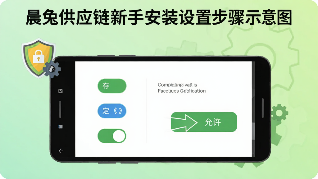 晨兔供应链新手安装设置步骤示意图,画面中央一部安卓手机,屏幕内显示权限设置页面,包含存储、定位、通知三个开关图标,手机旁边有箭头指向“允许”按钮,背景为浅绿色渐变,风格为简洁教程插画,细节包括盾牌安全图标和齿轮,画质清晰干净,无多余元素