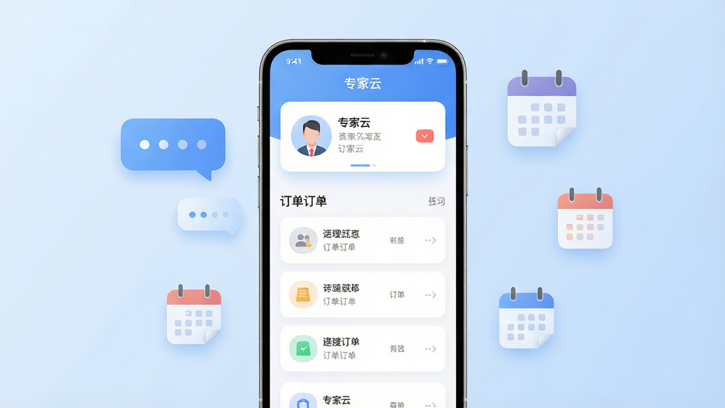画面中心一部智能手机竖屏展示,屏幕内呈现“专家云”应用主界面,界面布局为顶部个人信息卡片与下方订单列表,背景为浅蓝色渐变,周围点缀悬浮的对话气泡与日历图标,整体排版简洁清晰,风格为现代扁平化科技风,细节包含圆角图标与柔和阴影,画质高清,干净,无多余元素