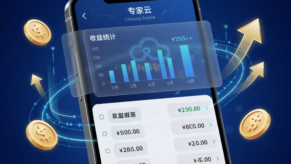 画面以手机屏幕特写为中心,屏幕内显示“专家云”收益统计页面,包含柱状图与金额数字,周围环绕金币与上升箭头图标,背景为深蓝色渐变,布局为上下结构,上方图表下方列表,风格为金融科技感,细节包含发光线条与半透明卡片,画质高清,干净,无多余元素