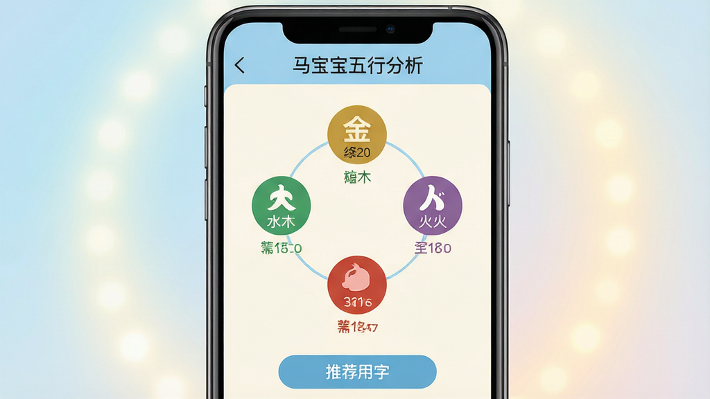 一张马宝宝软件五行分析功能界面展示图,画面主体是一部智能手机,屏幕中显示五行分析页面,中央是金木水火土五个圆形图标围成一圈,每个图标下方有对应的数值与颜色标识,页面顶部写着“马宝宝五行分析”,底部有“推荐用字”按钮,整体配色以浅蓝与米白为主,界面简洁清爽,背景为柔和的渐变光晕,画质高清,无杂乱元素