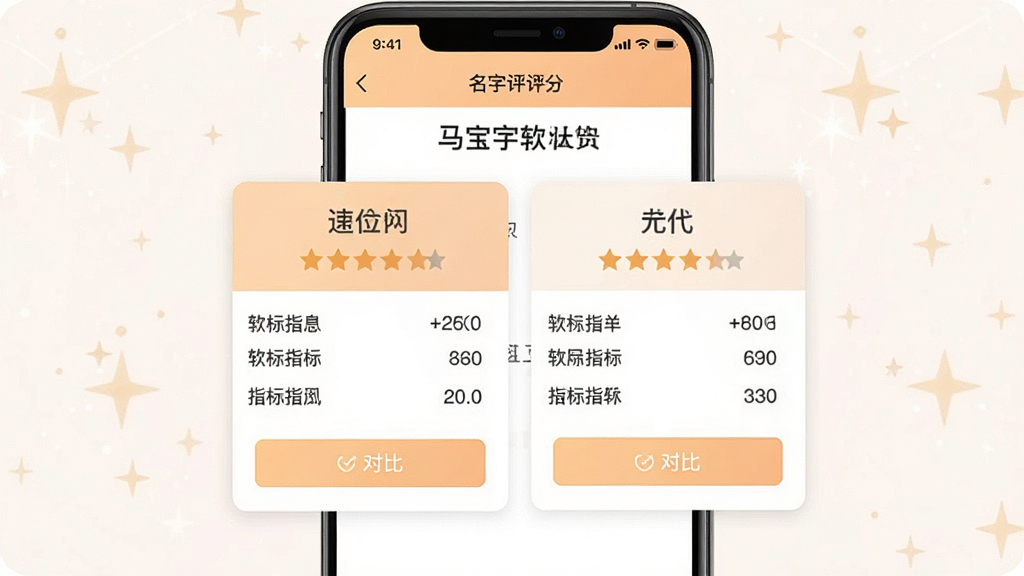 一张马宝宝软件名字评分对比界面图,画面中手机屏幕显示名字评分页面,页面中央有两个名字卡片并列,每个卡片上有星级评分与各项指标得分,下方有“对比”按钮,配色以浅橙色与白色为主,背景有淡淡的星光点缀,界面干净整洁,画质高清,无杂乱元素