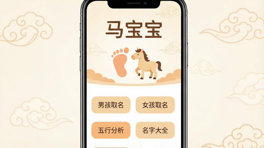 一张展示马宝宝软件界面的手机应用截图,画面中央是手机屏幕,屏幕内显示马宝宝取名应用的主页,顶部有“马宝宝”三个大字,下方是婴儿脚印与生肖马图案,页面中排列着“男孩取名”“女孩取名”“五行分析”“名字大全”等功能入口按钮,整体采用温暖柔和的米黄色与浅橙色配色,界面干净整洁,背景为淡雅的云纹与祥云装饰,风格温馨亲切,画质清晰,无多余元素