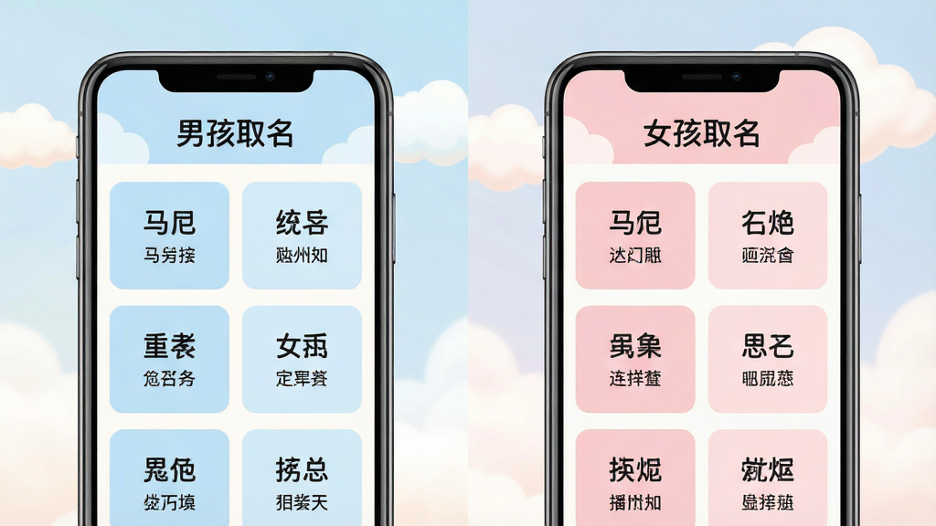 一张马宝宝软件男孩女孩取名推荐界面图,画面中并排展示两部手机,左侧手机屏幕显示“男孩取名”页面,右侧手机屏幕显示“女孩取名”页面,页面内各有若干名字卡片,卡片上写着名字与寓意,配色分别为浅蓝与浅粉,背景是柔和的云朵图案,整体温馨可爱,画质清晰,无多余元素