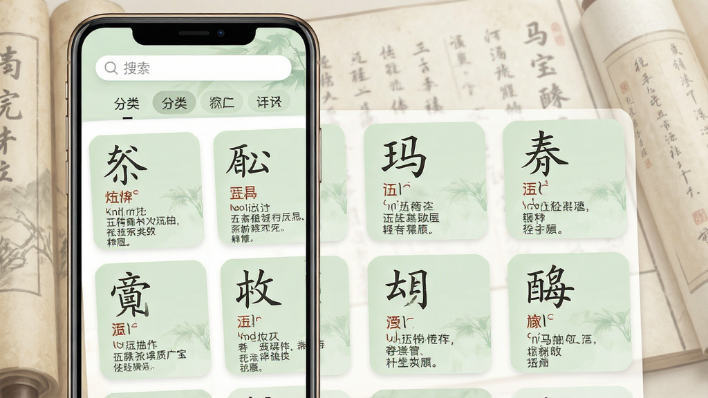 一张马宝宝软件字库浏览界面展示图,画面中手机屏幕内显示汉字列表,每个汉字卡片上标注了拼音、五行属性与简短释义,页面顶部有搜索框与分类筛选标签,卡片以网格形式排列,配色采用淡雅的浅绿色与白色,背景有淡淡的书卷纹理,整体风格清新雅致,画质清晰,无多余装饰